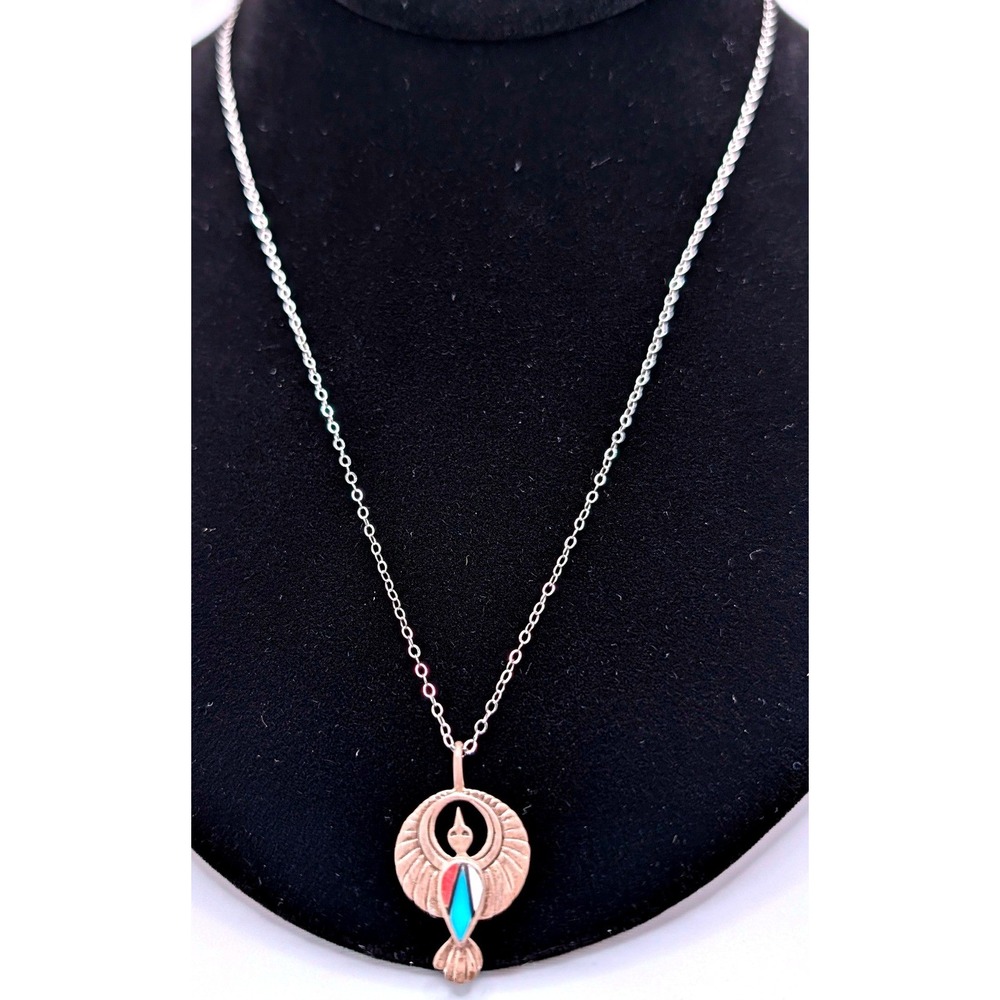Vintage Peyote Bird Pendant Necklace Silver Tone Turquoise Inlay Southwest Style